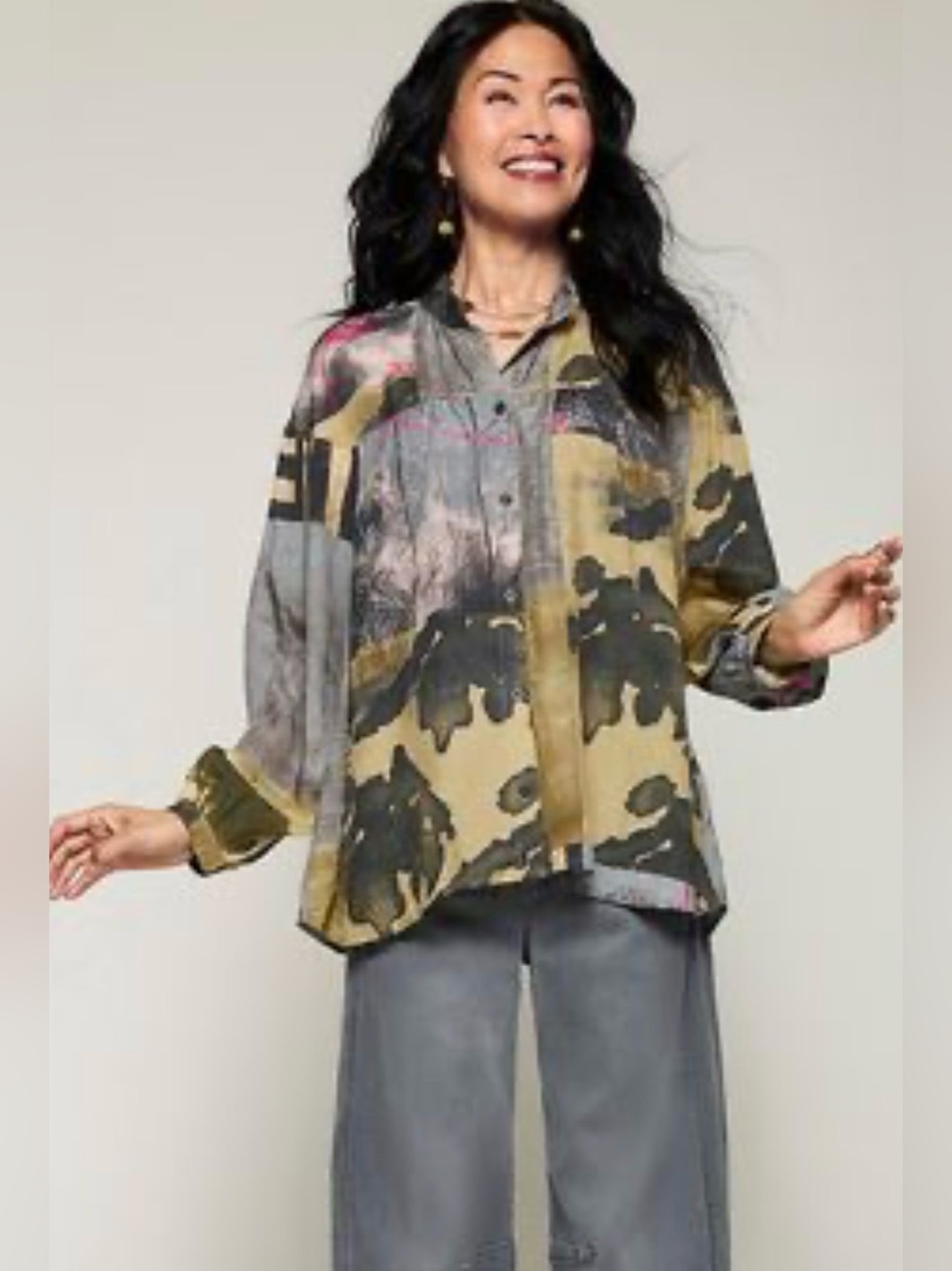 NOEN Button-Up LS Shirt Blouse Multi Abstract Botanical Print Women's Size 10